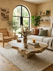 Natural stone surfaces in an earthy living room
