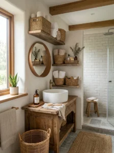 Natural textures adding warmth to a small bathroom remodel