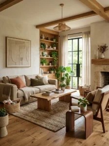 Natural wood furniture in an earthy living room
