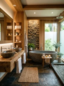 Natural materials adding warmth to a modern bathroom