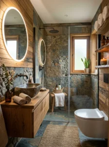 Natural elements adding warmth to a small bathroom