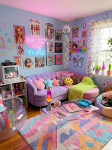 Neon and pastel accents in a retro Y2K living room