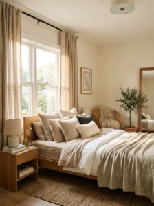Soft linen curtains in a warm cozy bedroom