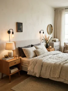 Wall sconces beside a neutral modern bedroom bed