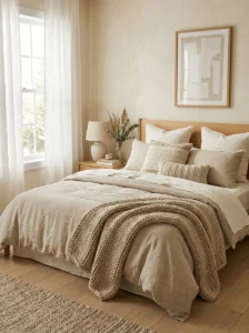 Neutral layered bedding with cozy mixed textures