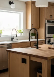Black accents in warm neutral kitchen