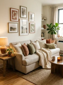 Textured throw pillows styling in a cozy budget living room