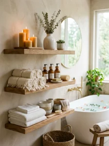 Floating shelves in modern spa bathroom