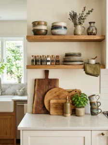 Styled open shelving with natural kitchen decor