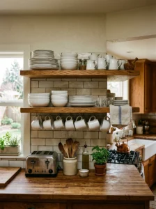 Everyday dishes styled on open kitchen shelving