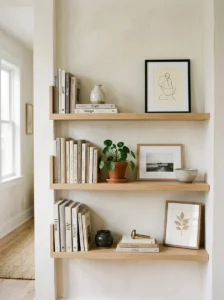 Minimal open shelf styling in living room