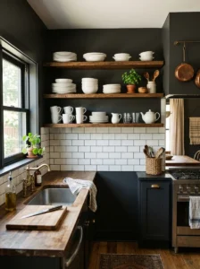 Open shelving making a dark kitchen feel more open