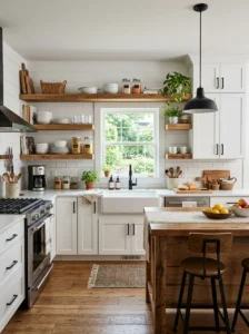 Kitchen with balanced open shelving and closed storage