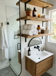 Open shelving storage in a modern small bathroom