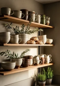 Open shelving with handmade ceramics in earthy kitchen