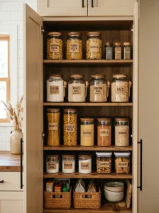 Clear pantry containers inside organized kitchen cabinets