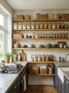 Organized open shelves with jars and baskets in a kitchen