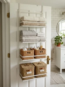 Over-the-door storage organizer in bathroom