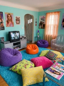 Oversized floor cushions in a retro Y2K-style living room