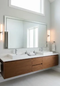 Soft linen curtains in spa-like bathroom