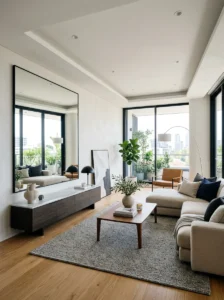 Oversized mirror making a modern living room feel larger and brighter