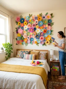 DIY paper flower wall decor in a colorful room
