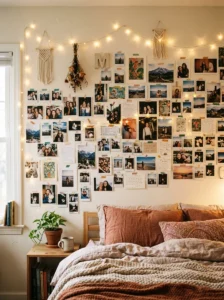 DIY photo collage wall with aesthetic pictures and cozy decor
