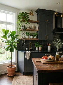 Greenery adding freshness to a dark kitchen