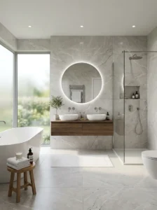 Different bathroom tile materials in a modern bathroom design