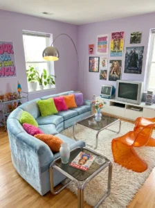Retro-inspired furniture in a stylish Y2K living room