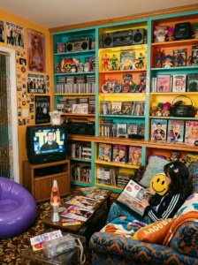 Y2K collectibles and memorabilia displayed in a retro living room