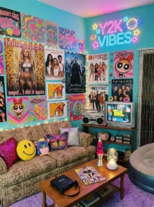 Retro wall art display in a Y2K-style living room