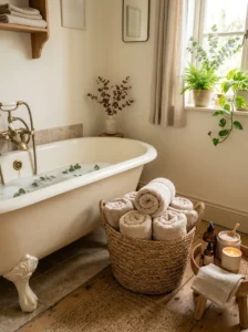 Rolled towels in woven bathroom baskets