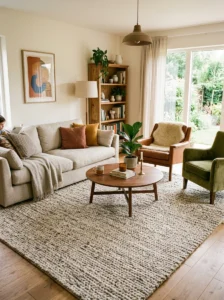 Oversized rug defining conversation room layout