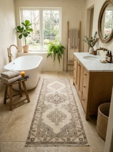 Soft neutral runner rug in spa bathroom