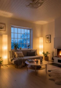 Warm layered lighting in Scandinavian living room