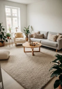 Large neutral rug in Scandinavian living room