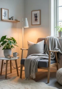 Cozy reading corner in Scandinavian living room