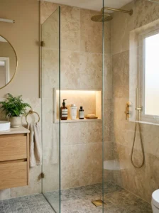 Bathroom countertop organized with decorative trays