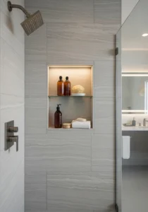Built-in wall niches in spa-like bathroom