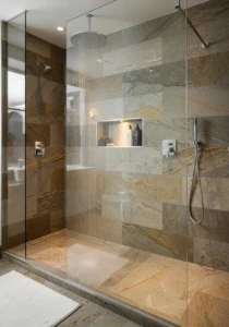 Large walk-in shower with frameless glass design
