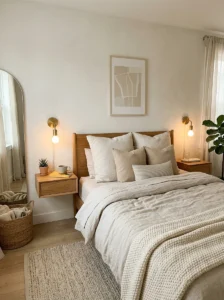 Floating nightstands in a small modern bedroom