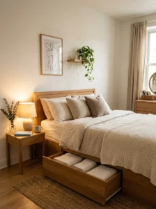 Bed frame with built-in drawers in a small bedroom