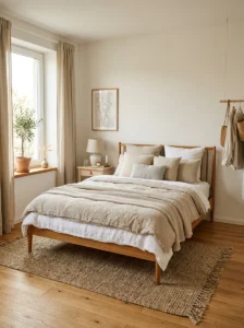 Raised furniture creating an airy small bedroom layout