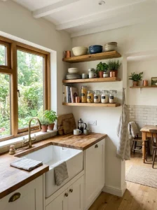 Open shelving making a small kitchen feel larger