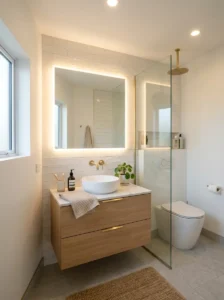 Bright layered lighting in a small modern bathroom