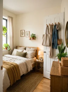 Hooks behind a bedroom door for extra storage