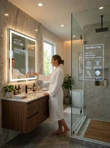 Smart bathroom technology in a modern renovation