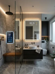 Smart technology features in a modern bathroom