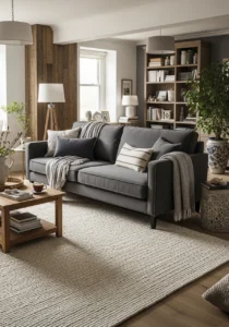 Large textured rug under dark grey couch